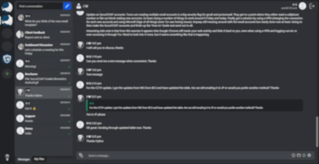 Secure communication desktop application showing encrypted chat conversations and channel list