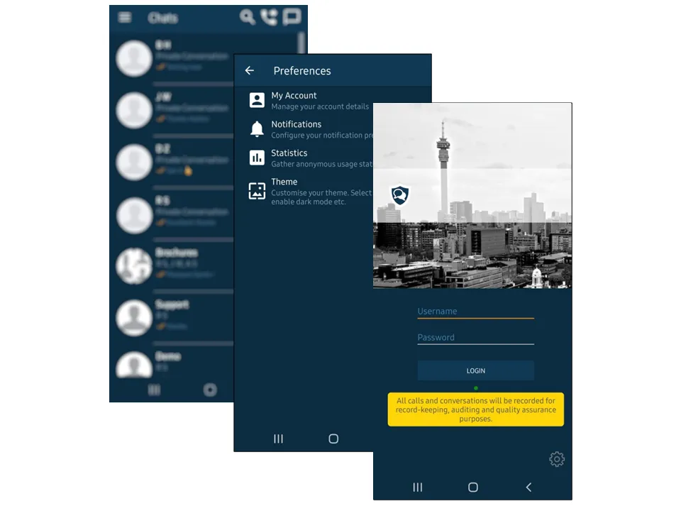 SecuriChat mobile application screens showing secure messaging and encrypted voice calls on smartphones